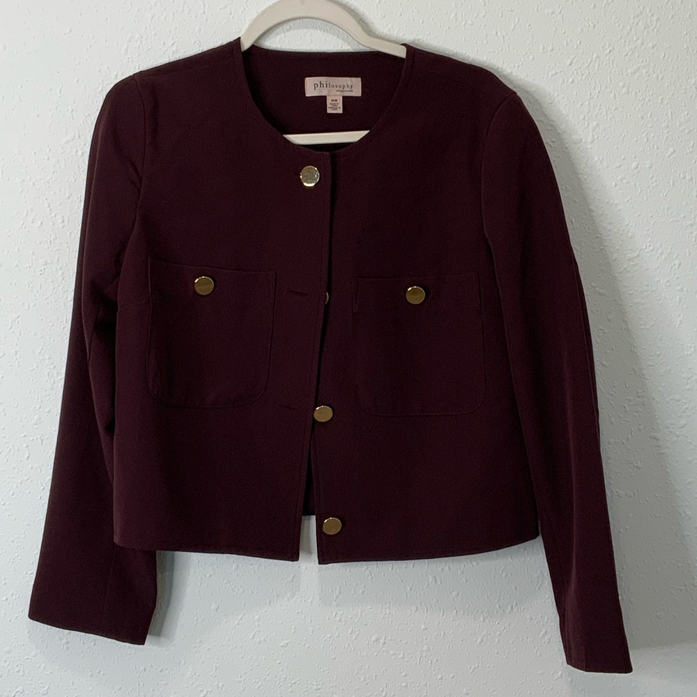 Philosophy Deep Burgundy Blazer with Gold Accents